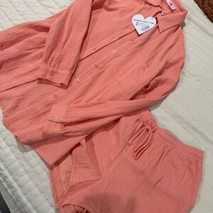 Buddy Love Coral Button-Up Shirt and short set size L NWT